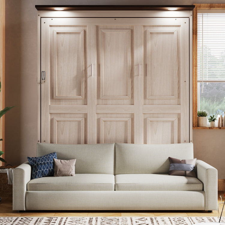 Queen Size Murphy Bed With Sofa And Led, Beige
