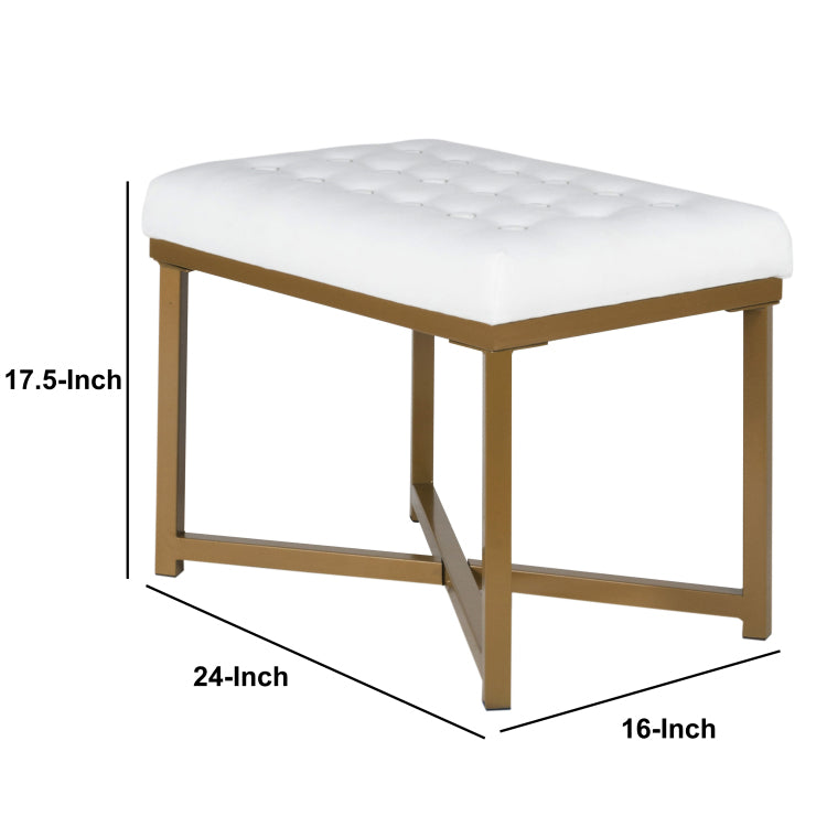 Metal Framed Bench With Button Tufted Velvet Upholstered Seat, White And Gold
