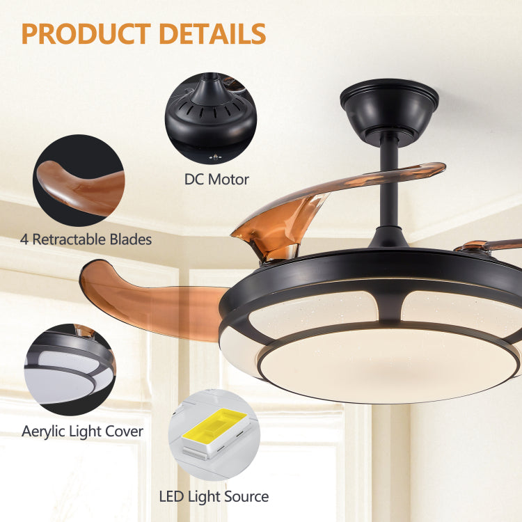 42" Retractable With Light, Modern Led Chandelier Fan With Remote Control, 6 Speed Adjustable Blades, Quiet Dc Motor, Dimmable Lighting For Living Room, Bedroom, Dining Room