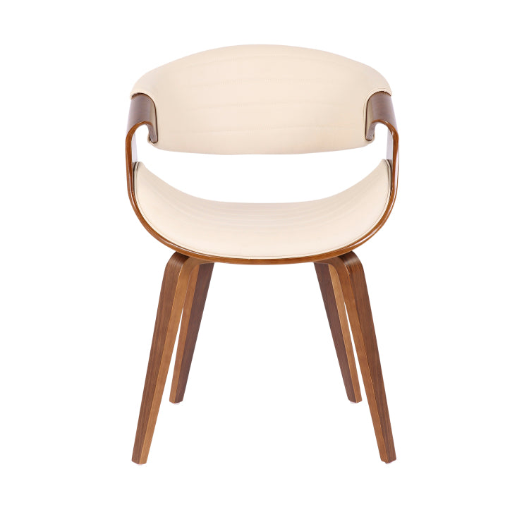 Mid Century Modern Dining Accent Chair In Walnut Wood And Cream Faux Leather