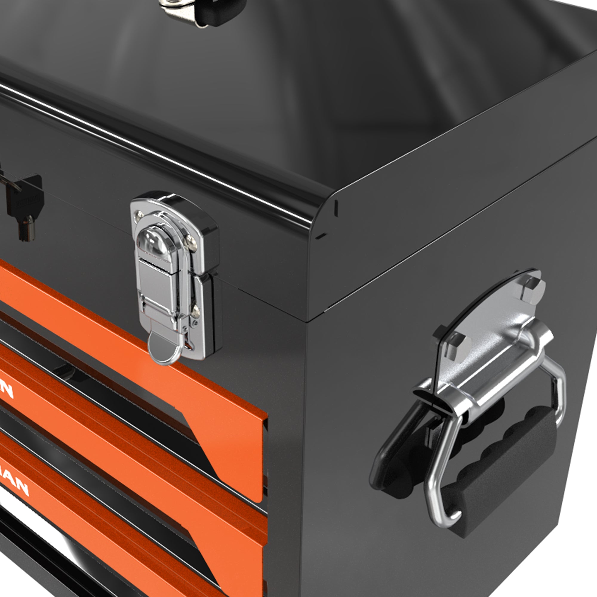 20'' Portable 3 Drawer Steel Toolbox, 4 Layers Of Tools With Metal Latches, With Top Storage Tray And Carrying Handle, Multi Function Tool Storage For Garage, Home, Or Workbench ,Black&Orange