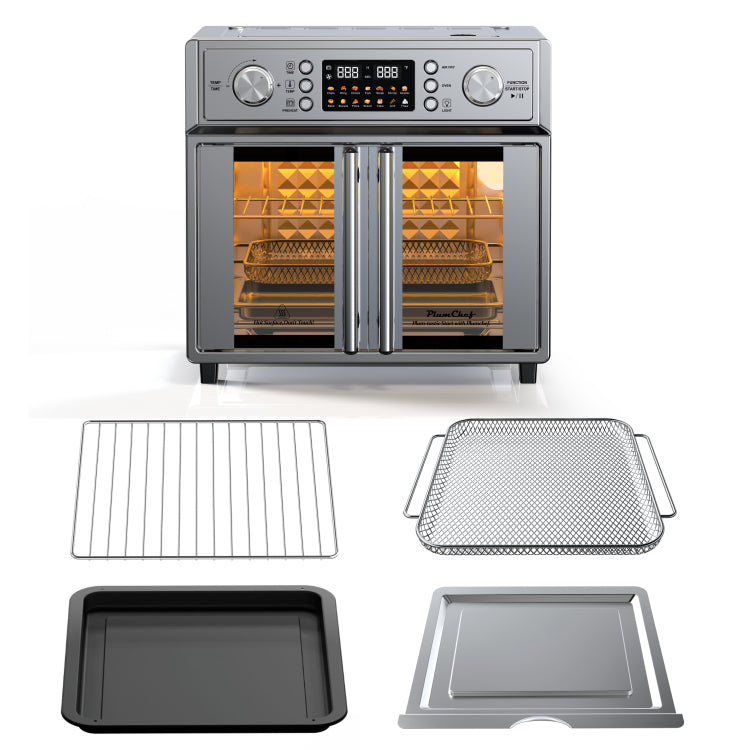 Plumchef 26Qt Large Capacity French Double Door Air Fryer Convection Toaster Oven, 1700W, 14 Preset Menus, 7 In 1 Multi Function Bake, Roast, Gril,Toast,Dehydrate&Defrost , Stainless Steel,Silvery