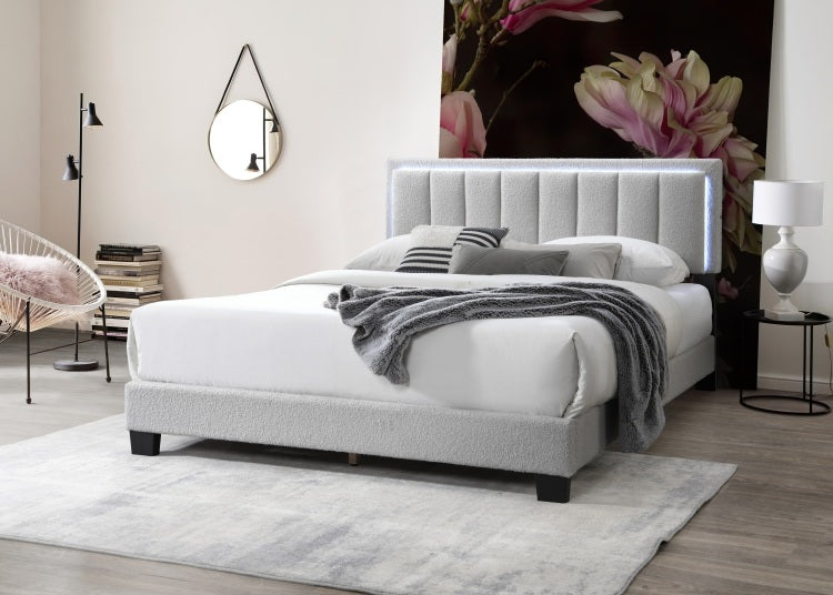 1Pc Full Size Bed Channel Tufting W Led Full Upholstered Light Gray Finish Bedroom Furniture