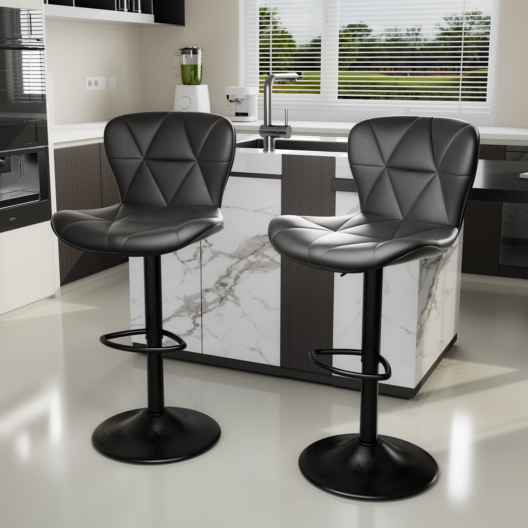 Modern Bar Stools Set Of 2, Adjustable Faux Leather Upholstered Swivel Bar Stools, Counter Height Bar Chairs With Back For Kitchen Island, Black