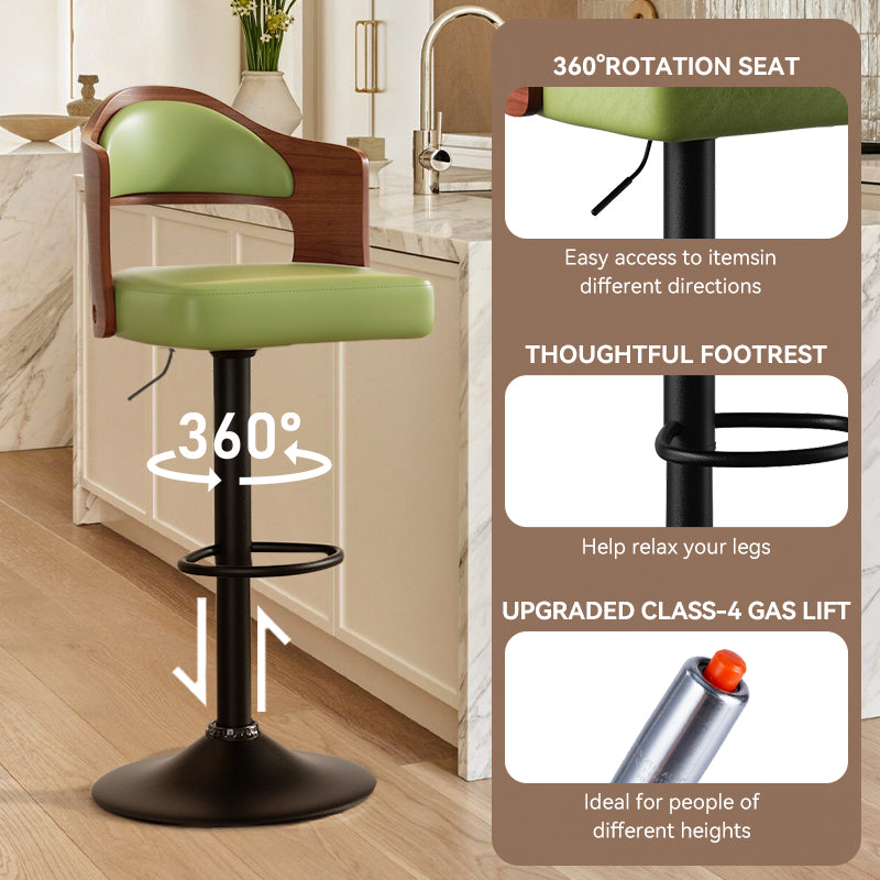 Swivel Bar Stools Set Of 2 Seat Adjustable Height 24.5 33.5In, Wooden Barstools Pu Leather Upholstered Bar Chairs With Back & Footrest For Bar Kitchen Dining Room Green