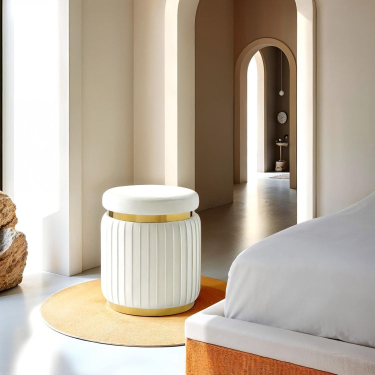 Contemporary Style 1Pc Round Accent Stool Stainless Steel Gold Trim Velvet Fabric White Finish Primary Living Room