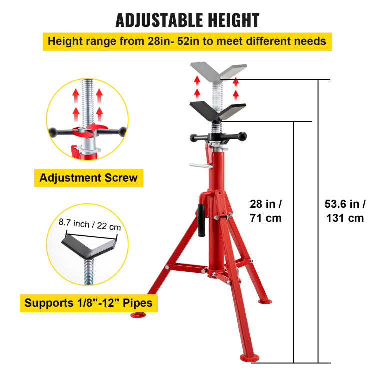 V Head Pipe Stand 1 8" 12" Capacity,Adjustable Height 28" 52 ,Pipe Jack Stands 2500 Lb. Load Capacity,Portable Folding Pipe Stands, Carbon Steel Body More Durable