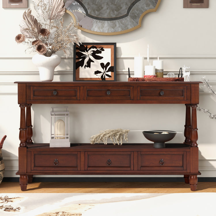 Solid Wood Console Table With 6 Drawers And Shelf, Vintage 54'' 2 Tier Wood Couch Foyer Table For Living Room, Hallway, Entrance Cherry