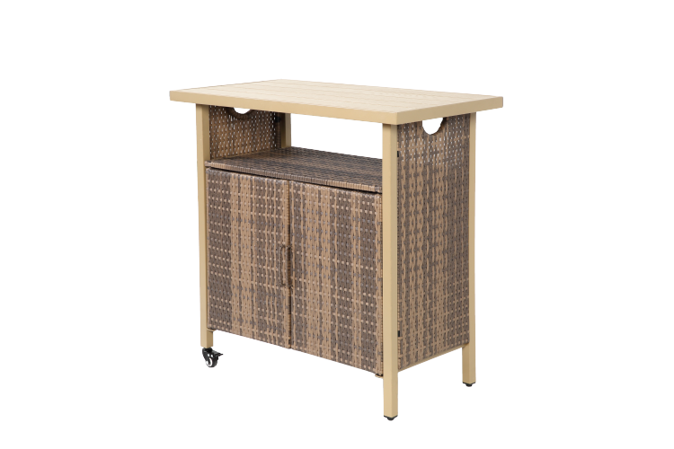 Outdoor Wicker Bar Cart, Patio Wine Serving Cart W Wheels , Rolling Rattan Beverage Bar Counter Table For Porch Backyard Garden Poolside Party, Beige