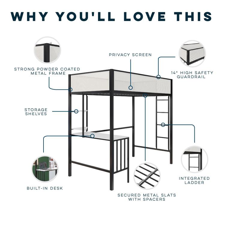 Axel Twin Loft Bed With Desk & Shelves