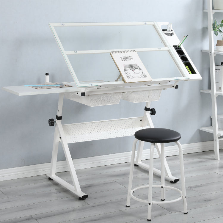 White Adjustable Tempered Glass Drafting Printing Table With Chair
