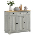 Homcom Sideboard With Solid Wood Countertop, Modern Kitchen Storage Cabinet, Coffee Bar Cabinet With 3 Drawers, Doors And Adjustable Shelf, Distressed Light Gray