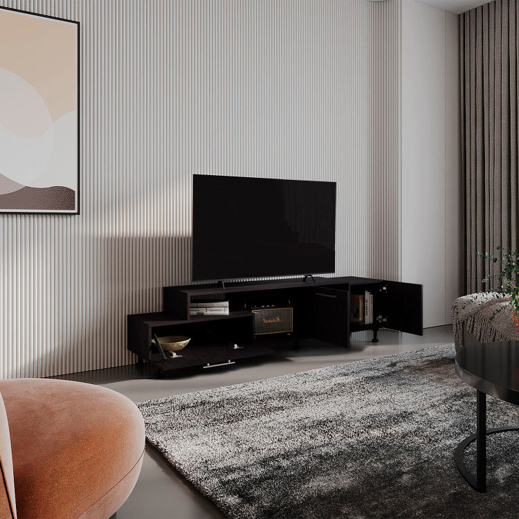 Athol 69" Wide Two Tier Tv Stand Black With One Pull Down Door Cabinet, One Double Door Cabinet And Two Shelves, Cable Management, Living Room Black Wengue