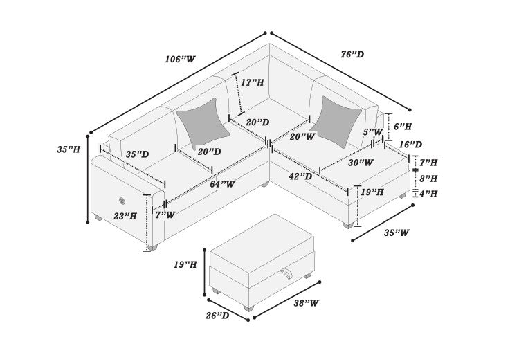 Modern Style 3Pc Sectional Set Usb Port Storage Ottoman Right Arm Chaise Left Arm Sofa Black Finish Primary Living Room