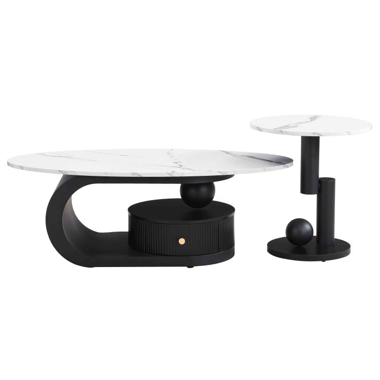 Modern Nesting Coffee Table Set Of 2 End Table For Living Room, Oval And Round Table Set