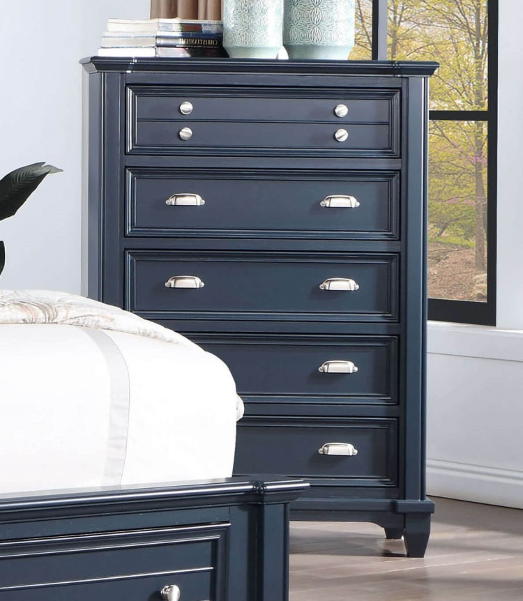 Transitional Style 1Pc Chest Ball Bearing Glides Nickel Round Knobs And Cup Pulls Slate Blue Finish Bedroom Furniture