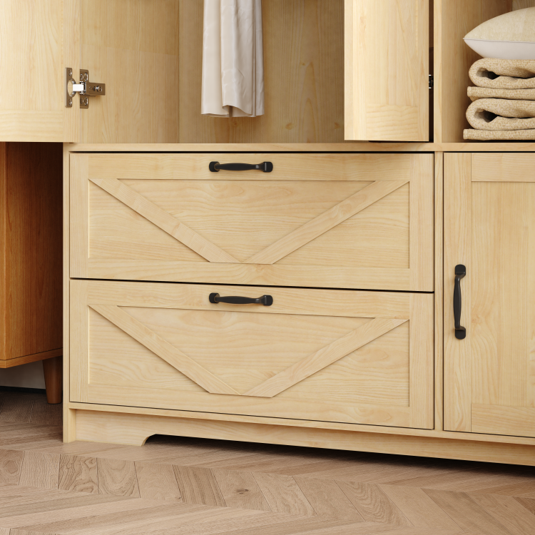 4 Doors Wardrobe Closet With Mirror, Led Wardrobe With Doors And 2 Drawers, Wooden Wardrobe Storage Cabinet With Hanging Rod, Adjustable Shelves, Natural