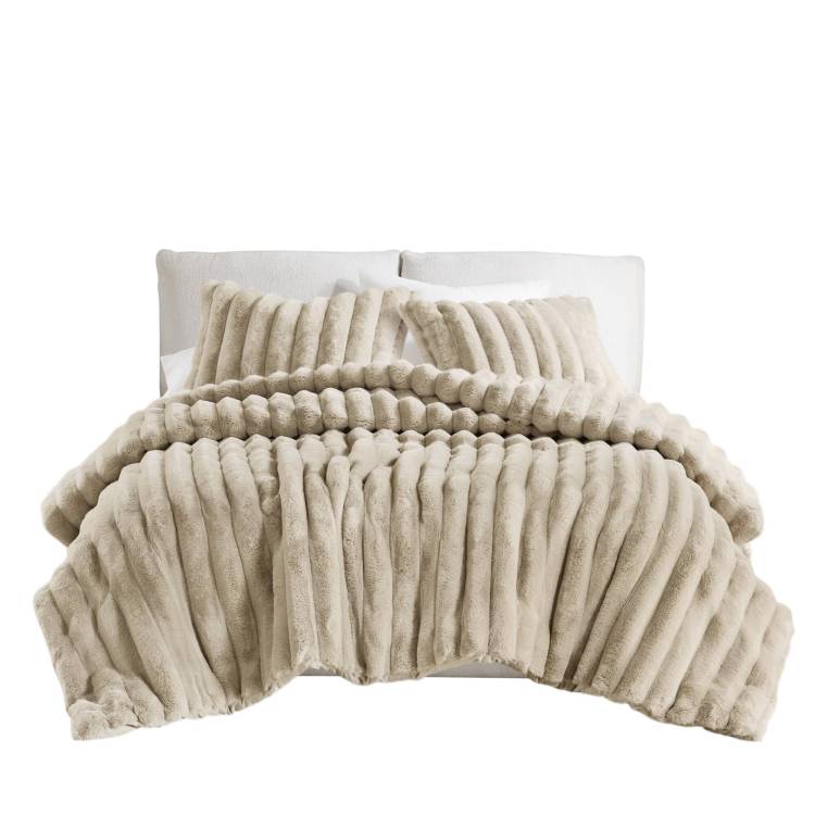 3 Pcs King Soft Faux Fur Ribbed Comforter Set Taupe