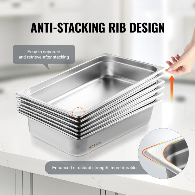 6 Pack Hotel Pans, Full Size Anti Jam Steam Pan, 0.8Mm Thick Stainless Steel Restaurant Steam Table Pan, 4 Inch Deep Commercial Table Pan, Catering Storage Food Pan, For Industrial & Scientific