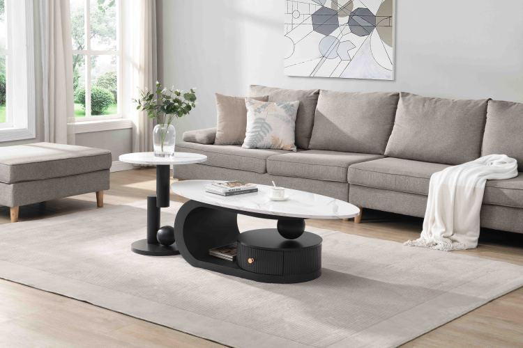 Modern Nesting Coffee Table Set Of 2 End Table For Living Room, Oval And Round Table Set