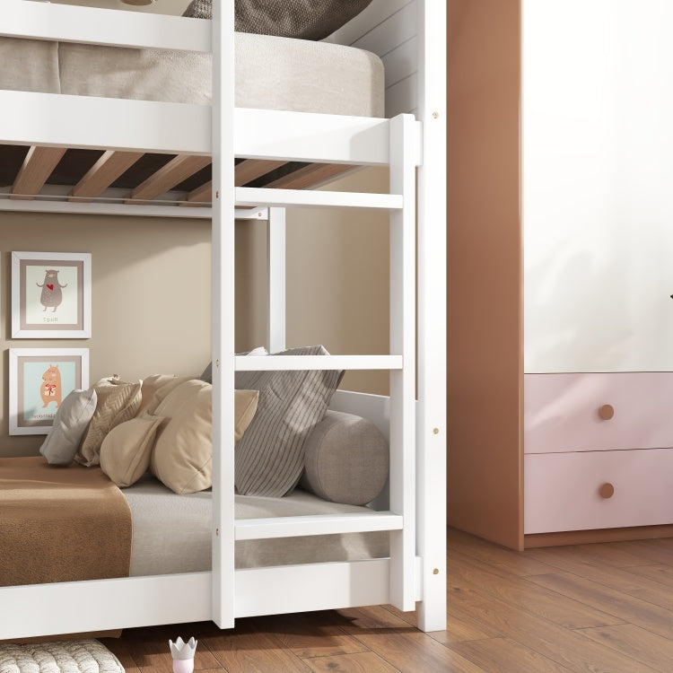 Twin Over Twin House Floor Bunk Bed With Headboards, Footboards And Guardrails, Ladder, Rubber Wood Bunk Bed With Safety Guardrails,White