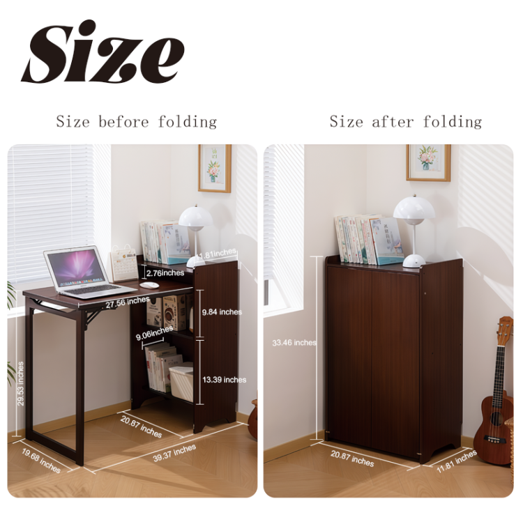 Bamboo Folding Desk, Foldable Desk For Small Space, Computer Desk With Hidden Storage, Mid Century Foldable Table For Home Office And Bedroom Walnut Brown