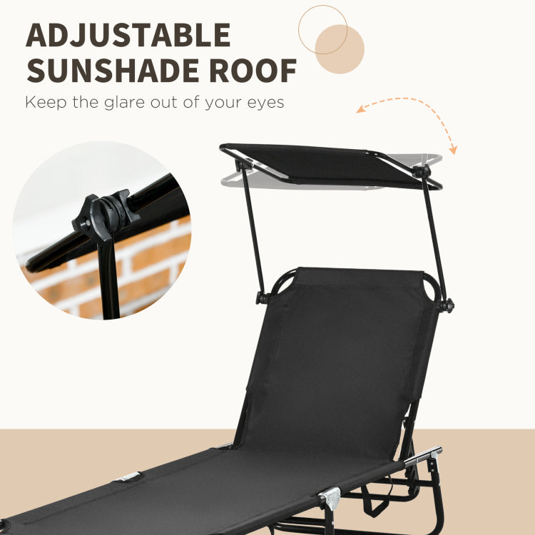 Outsunny Folding Chaise Lounge Pool Chairs, Outdoor Sun Tanning Chairs With Canopy Shade, Reclining Back, Steel Frame And Side Pocket For Beach, Yard, Patio, Black