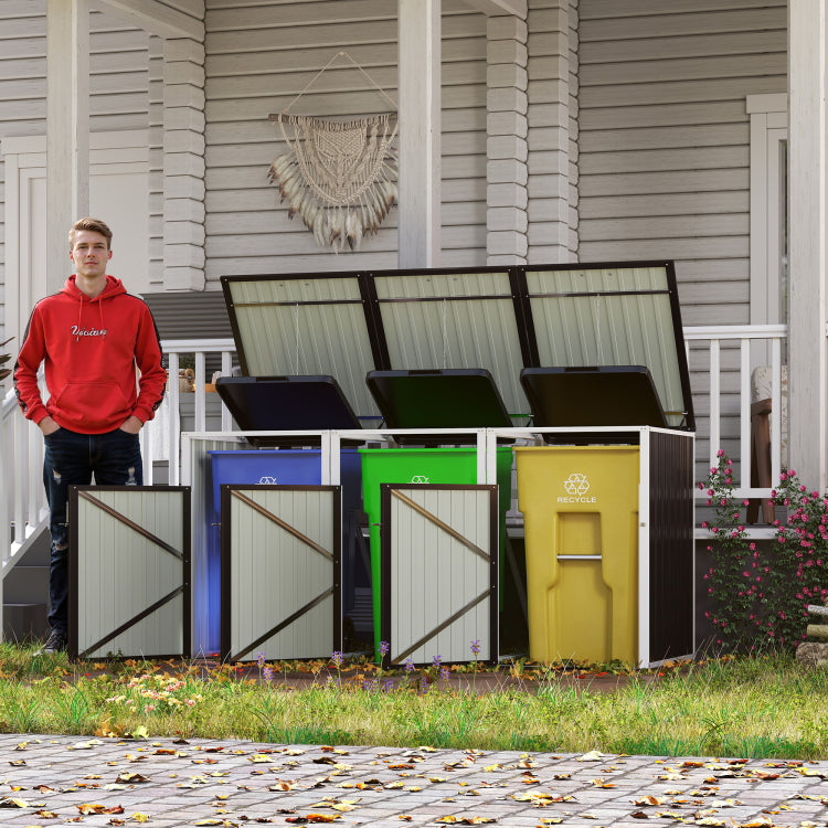 Garbage Bin Shed Stores 3 Trash Cans With Pneumatic Support Rod, With Lockable Doors & Waterproof Lid Chain, For Patio,Garden,Backyard,Grey