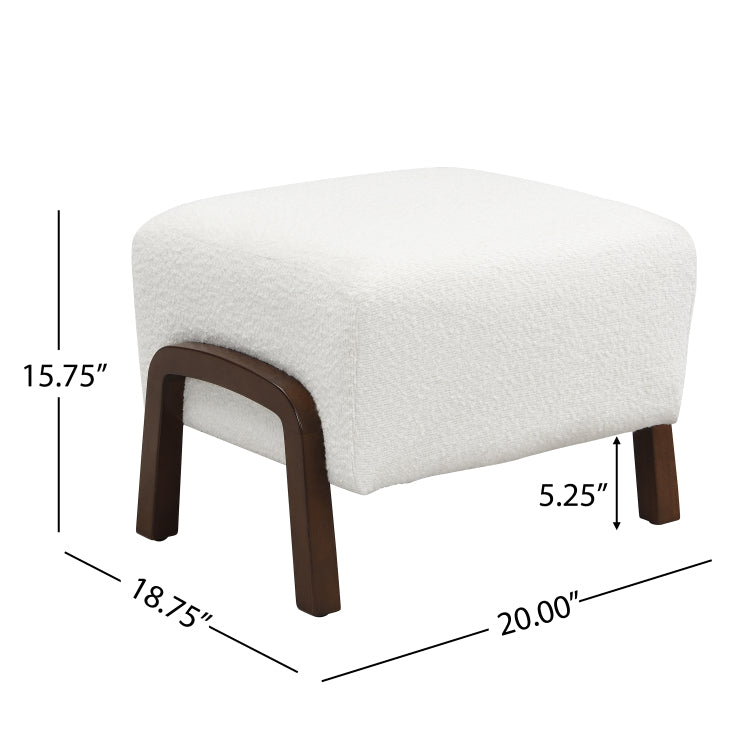 Upholstered Ottoman, Wooden Legs, White, Boucle
