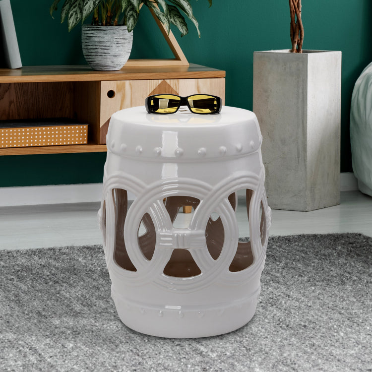 Outsunny 14" X 17" Ceramic Garden Stool With Double Coin Knotted Ring Design & Strong Glazed Material, Decorative End Table, Home Collection, White