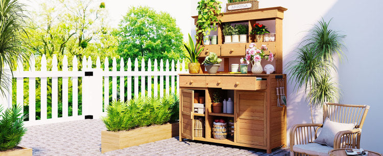 Assembly 65.7'' H Tall Garden Potting Bench Table With Hutch,Patio Storage Workstation With 3 Shelves,6 Drawers,2 Bottom Cabinets&Side Hooks For Mudroom,Doorway, Natural