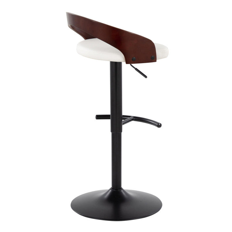 Contemporary Adjustable Barstool With Swivel In Black Metal, Cherry Wood And White Faux Leather With Rounded T Footrest Set Of 2