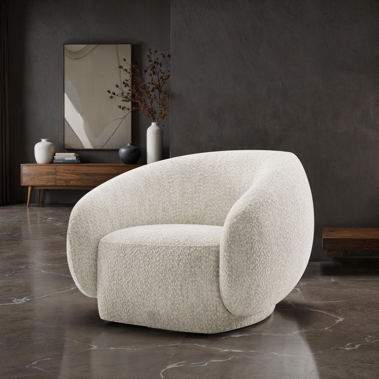 Contemporary Style 1Pc Swivel Chair Boucle Upholstered 360 Degree Swivel Base Armrest Slope Curved High Density Foam Beige Finish
