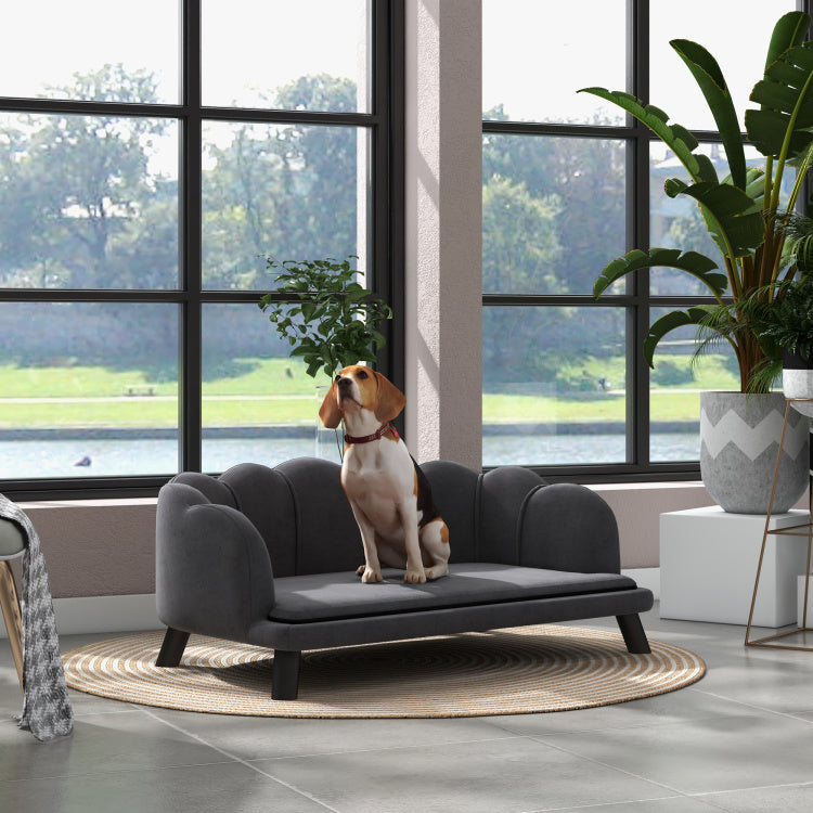 Pawhut Velvet Large Dog Couch With Foam Cushioning, Soft And Cute Dog Bed With Pearl Design, Dog Sofa For Big And Medium Dogs, Charcoal Gray