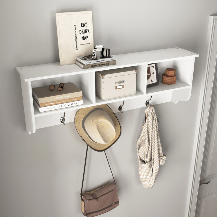 White Entryway Wall Mounted Coat Rack With 4 Dual Hooks Living Room Wooden Storage Shelf