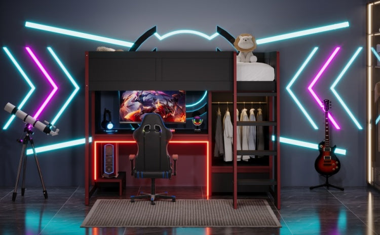 Wood Twin Size Gaming Loft Bed With Built In Desk, Wardrobe, Led And A Drawer, Black