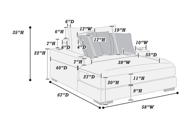 Modern Chaise Lounge W 2 Cup Holders Usb Ports Black Corduroy Wooden Legs Pillows Plush Couch Sofa Chaise