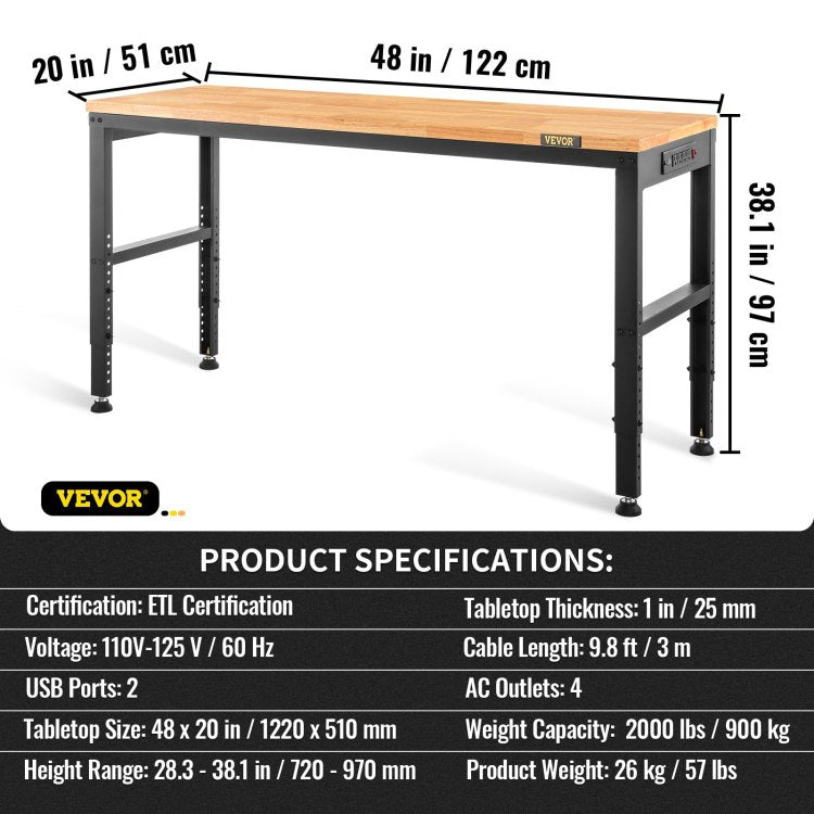 Workbench Adjustable Height, 48" L X 20" W X 38.1" H Garage Table W 28.3" 38.1" Heights & 2000 Lbs Load Capacity, With Power Outlets & Hardwood Top & Metal Frame & Foot Pads, For Office Home