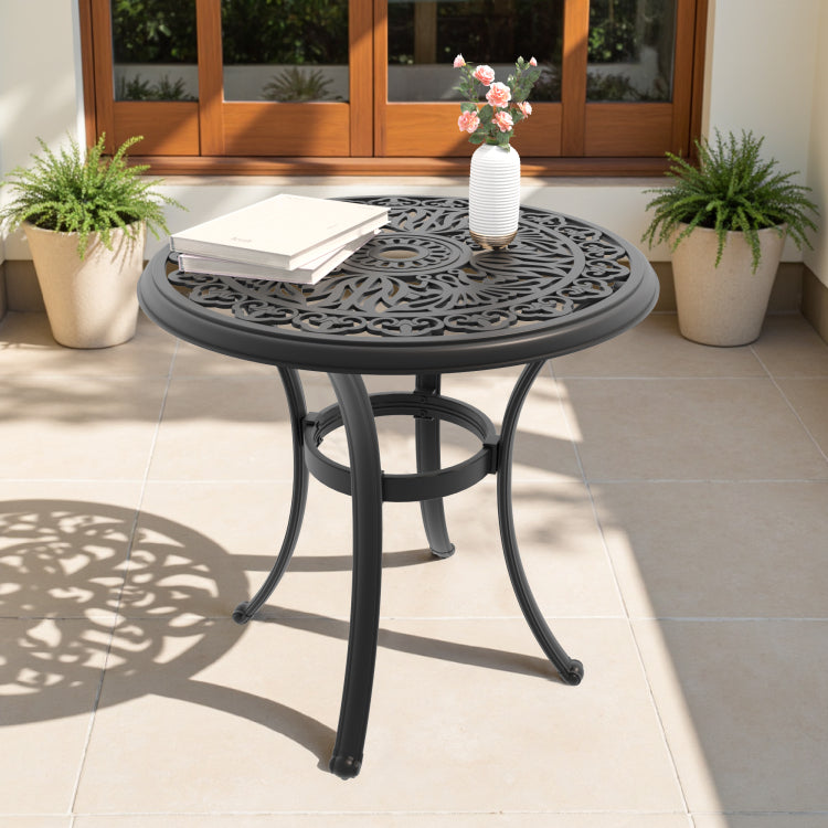 26.77 Inch Cast Aluminum Patio Dining Table With Black Frame And Umbrella Hole