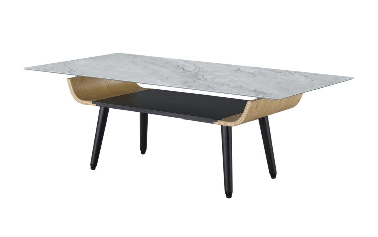 Lorenzo 47"W Coffee Table With Glass Gray Marble Texture Top And Bent Wood Design