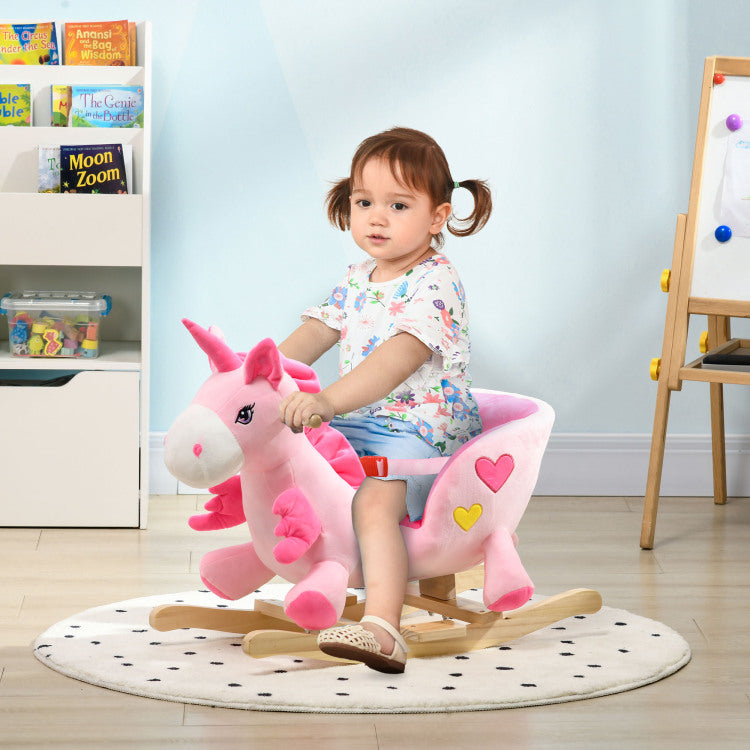 Qaba Baby Rocking Horse, Ride On Unicorn With 32 Songs, Toddler Rocker Toy With Wooden Base Seat Safety Belt For 1.5 3 Year Old, Pink