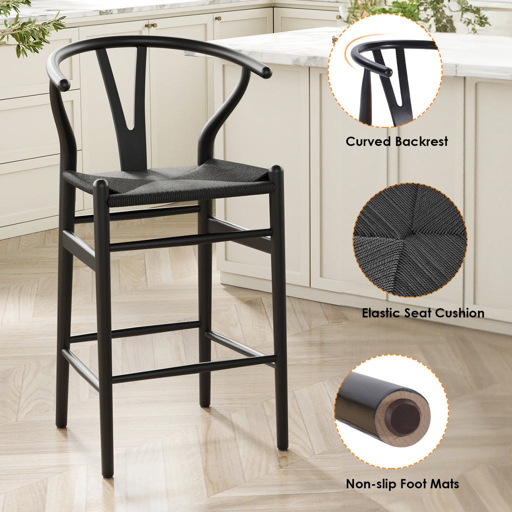 Wishbone Barstool,Weave Counter Height Bar Stools, Fully Assembled Rattan Bar Chairs For Kitchen Island,1Pc,Black