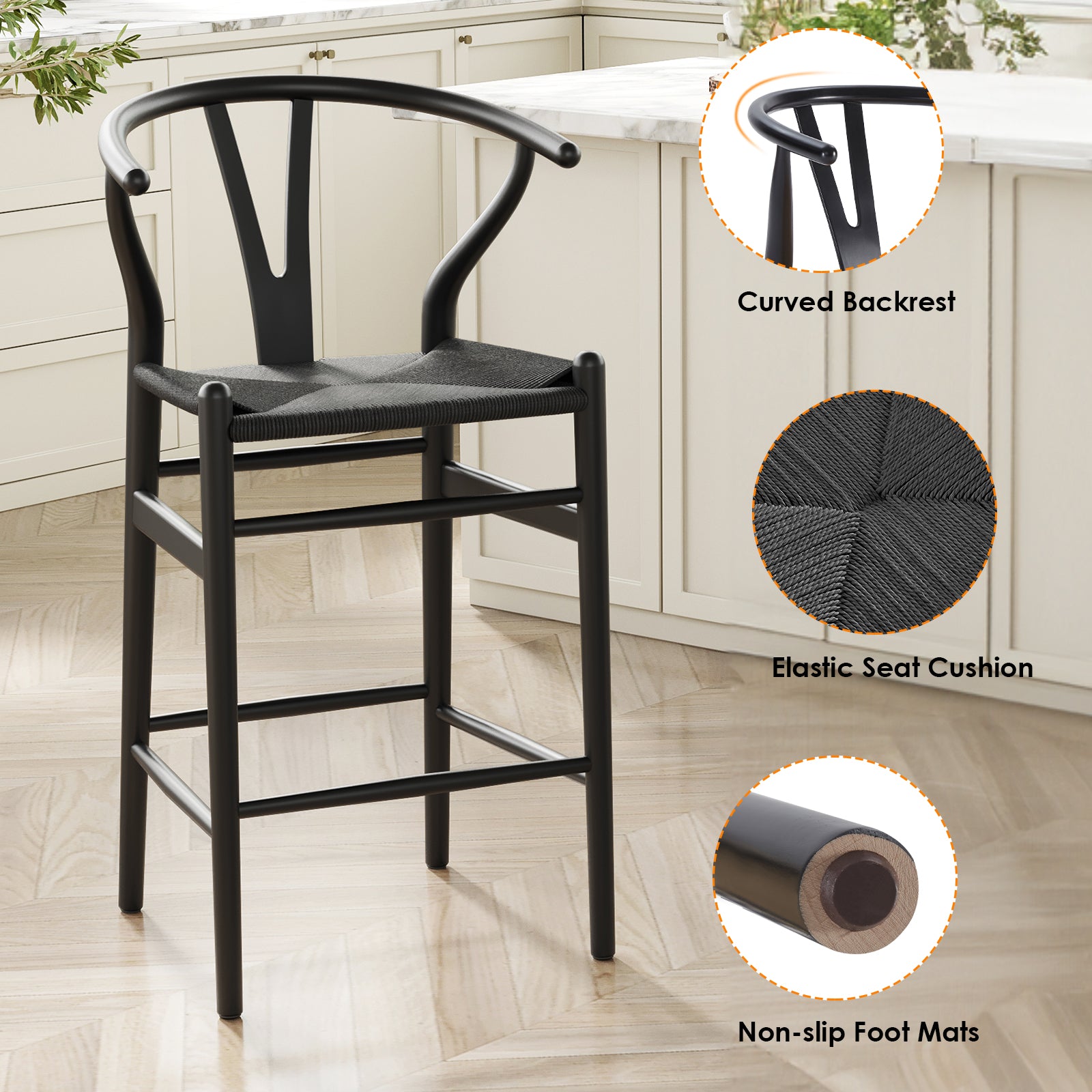 Wishbone Barstool,Weave Counter Height Bar Stools, Fully Assembled Rattan Bar Chairs For Kitchen Island,1Pc,Black