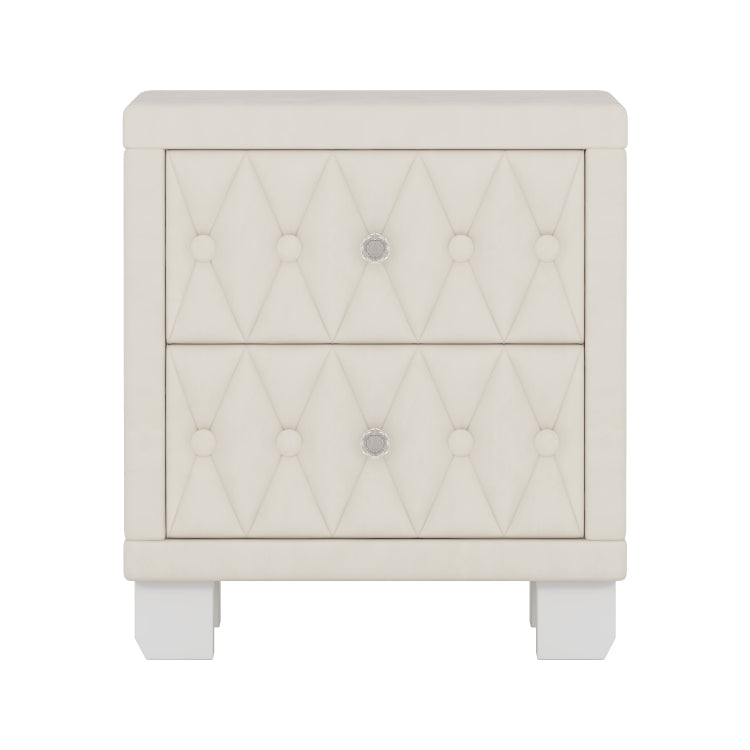 Elegant Velvet Nightstand With 2 Drawers And Crystal Handle, Storage Bedside Table With Button Tufted, Beige