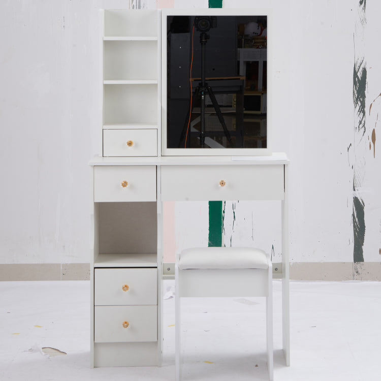 29.2" Small Size Left Drawer Desktop Vanity Table Cushioned Stool, Extra Large Right Sliding Mirror, Multi Layer High Capacity Storage, Practical Fashionable Dresser, Suitable For Small Space