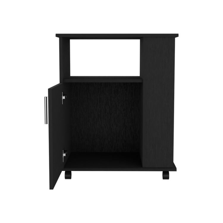 Lower Microwave Pantry 29" H, Single Door Cabinet, One Open Shelf, Three Side Shelves, Black