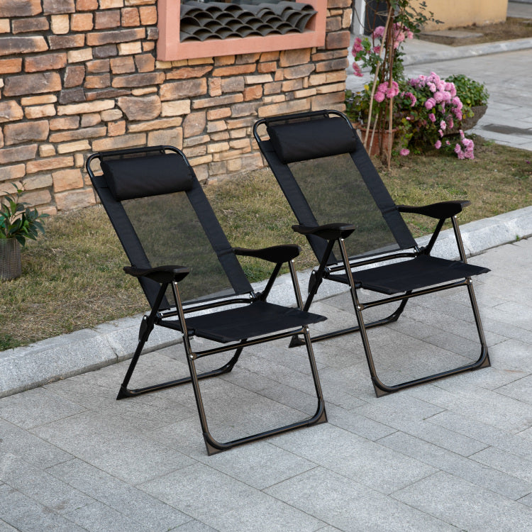 Outsunny Folding Patio Chairs Set Of 2, Outdoor Deck Chair With Adjustable Sling Back, Camping Chair With Removable Headrest For Garden, Backyard, Lawn, Black