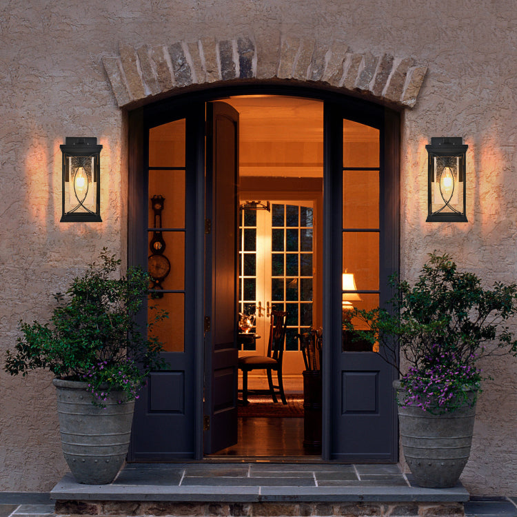 14" H 1 Pack Black Outdoor Wall Lantern With Crackled Glass, Weather Resistant Exterior Light Fixture For Porch, Patio, And Entryway, Modern Decorative Wall Sconce With E26 Base Bulb Not Included