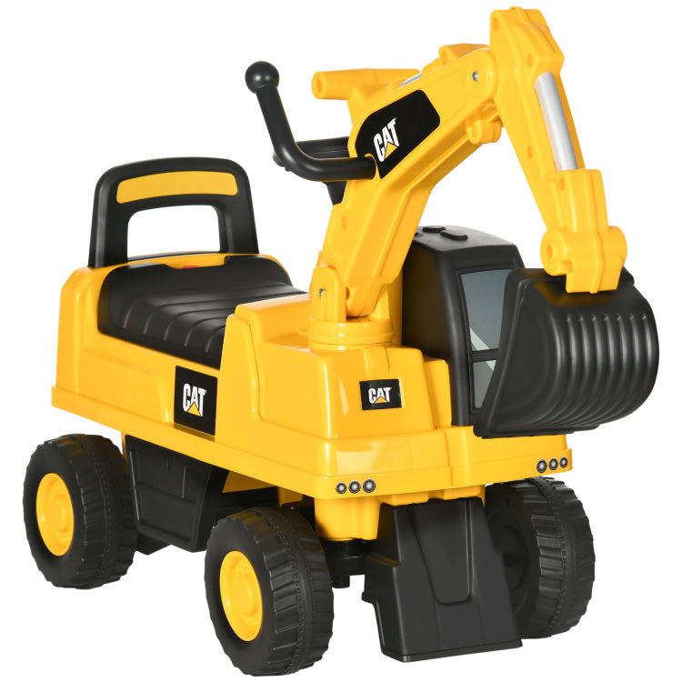 Aosom Excavator Ride On Toy, Cat Licensed Kids Manual Pedal Ride On Excavator With Manual Shovel, Horn, Hidden Storage For 18 36 Months Boys And Girls, Yellow
