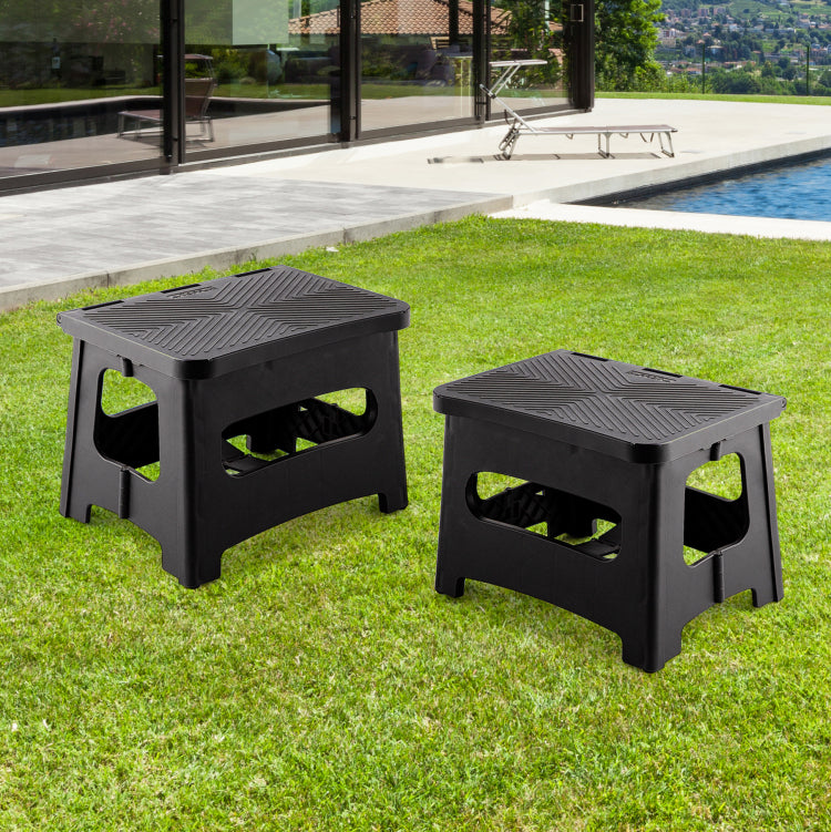 9In Folding Step Stool, Compact, Portable, Non Slip, 300 Lbs. Weight Capacity For Adults And Children. Secure Non Slip Top And Rubber Feet, Great For Home And Camping, Black Color